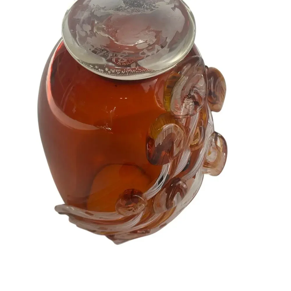 Studio Art Glass Vase Amber Swirl Applied Ribbon Abstract Signed vAB Modern 2018